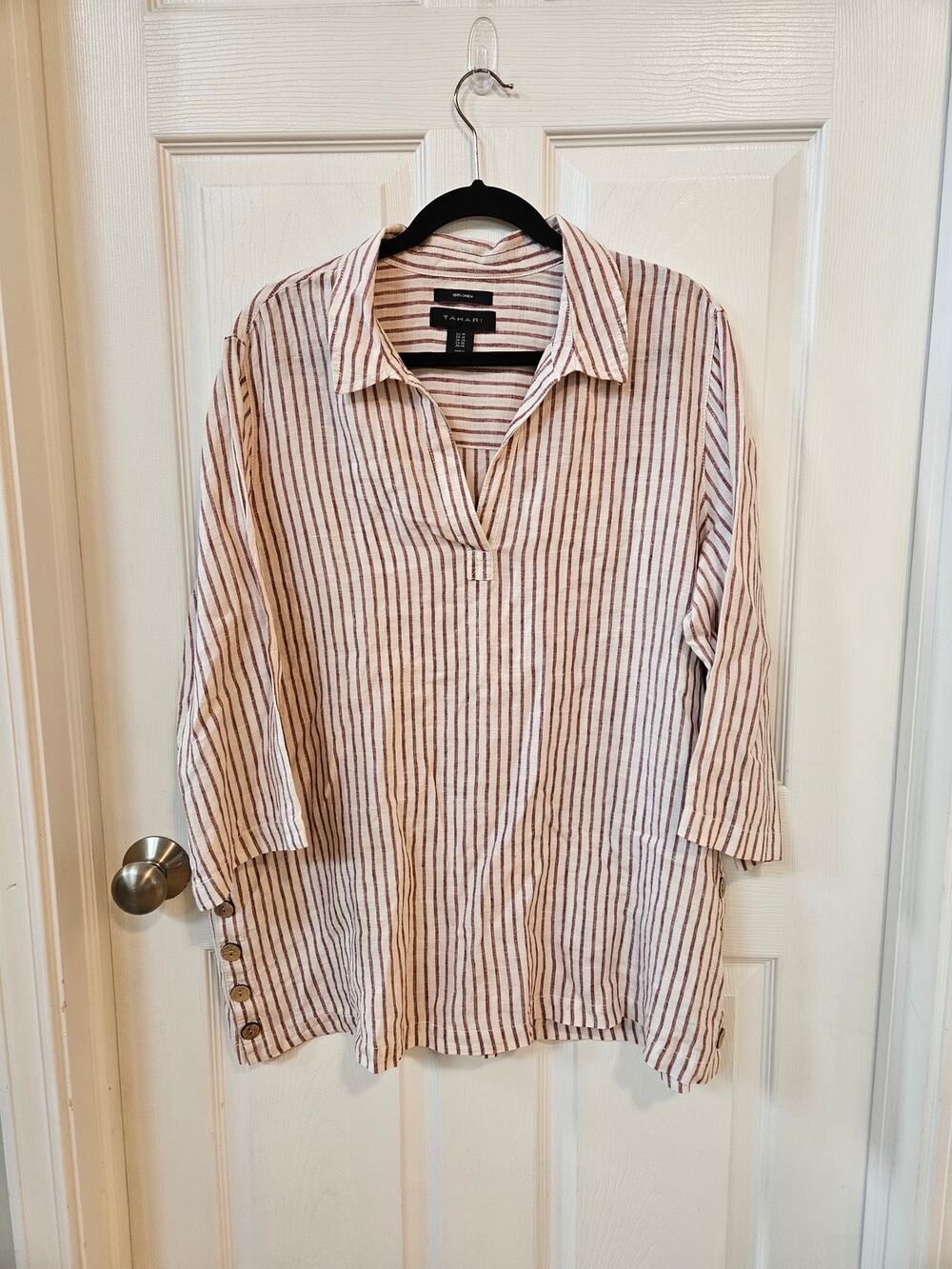 Tahari 1X 100% Linen Striped Tunic Top Side Button 3/4 Sleeve Coastal